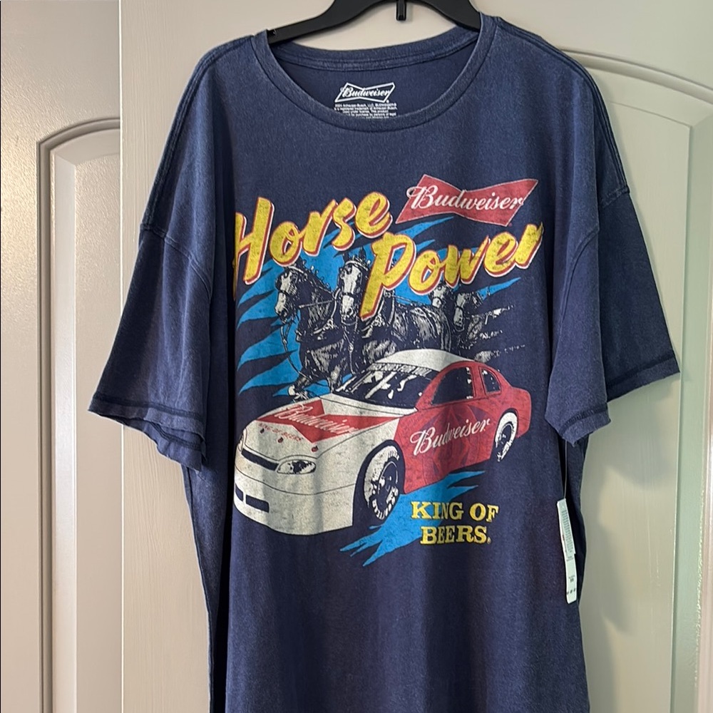 Budweiser Blue Short Sleeve Tee with Vintage Car Graphic